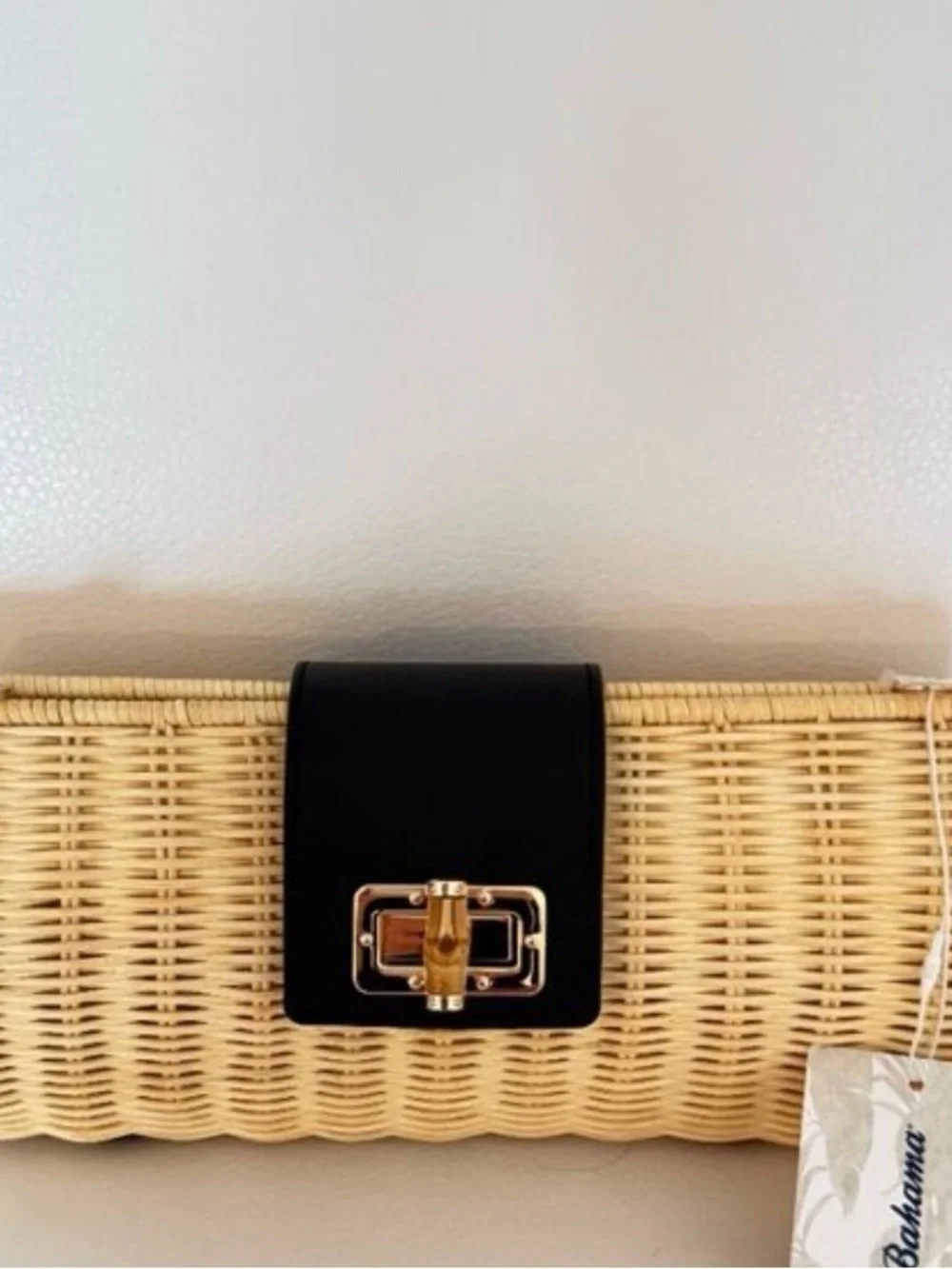 New Tommy Bahama Woven Straw Clutch with Navy blue Leather Trim